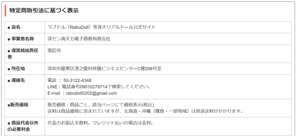 RabuDollの特定商取引法に基づく表示