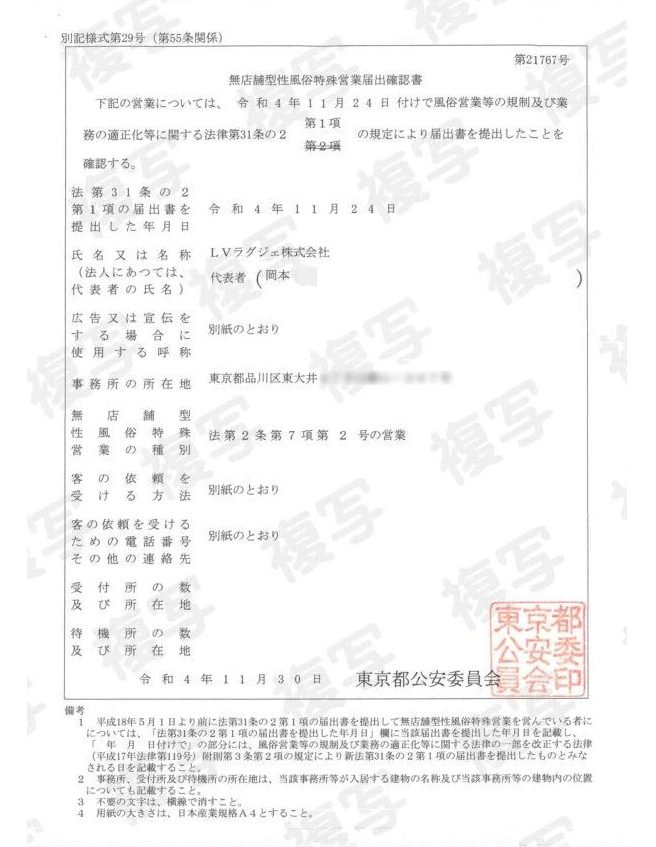 Mailovedollの無店舗型性風俗特殊営業届出確認書