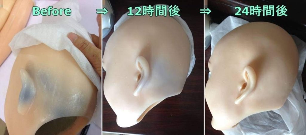 ラブドールの色移りを薬剤で抜く様子